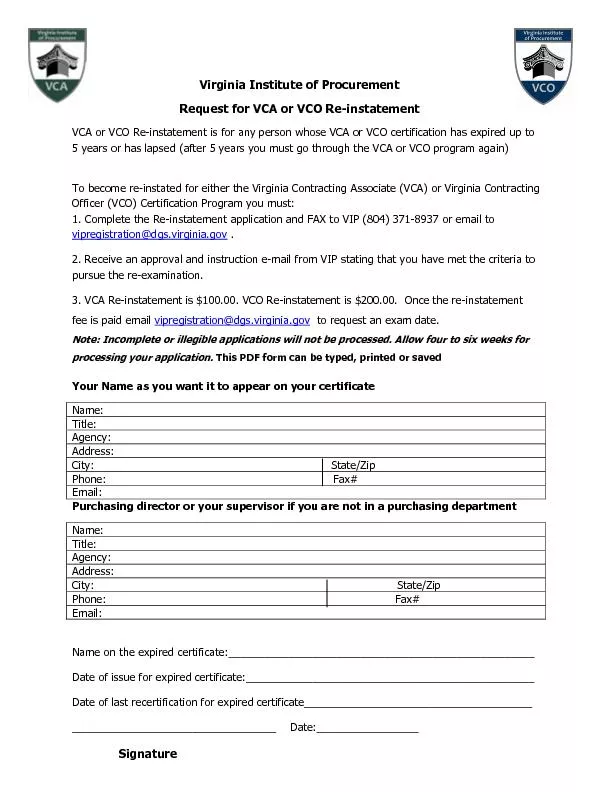 Virginia Institute of Procurement Request for VCA or VCO Re-instatemen