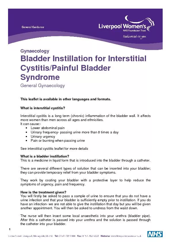 Gynaecology  Bladder Instillation for Interstitial Cystitis/Painful Bl