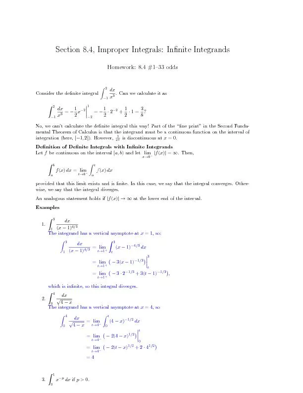 Ifp=1,Z10x�1dx=limt!0+Z1tx�1dx=limt!0+lnjxj1t=limt!0+(ln1�ln)=1sot