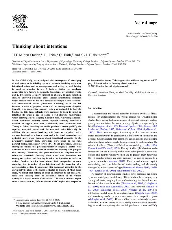 ThinkingaboutintentionsH.E.MdenOuden,U.Frith,C.Frith,andS.-J.Blakemore