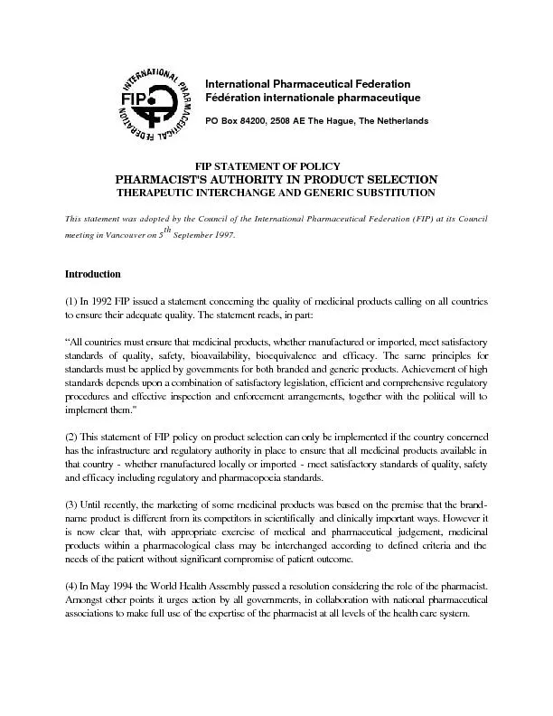 FIP STATEMENT OF POLICYPHARMACIST'S AUTHORITY IN PRODUCT SELECTION THE