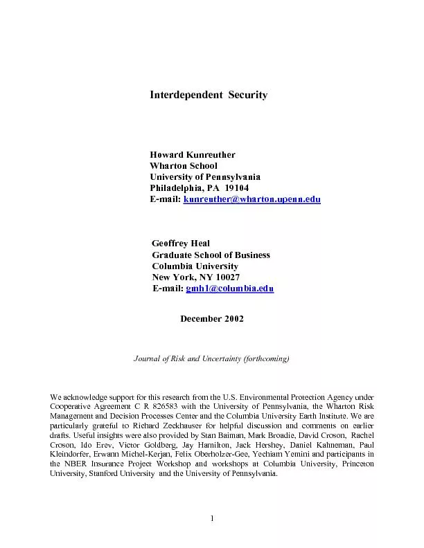 Interdependent  Security Howard Kunreuther                  Wharton Sc
