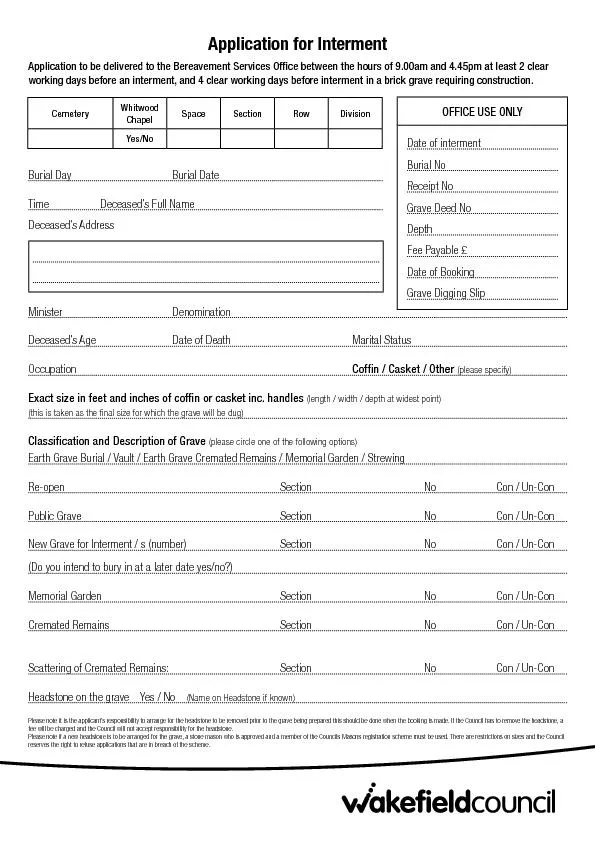 Application for Interment
