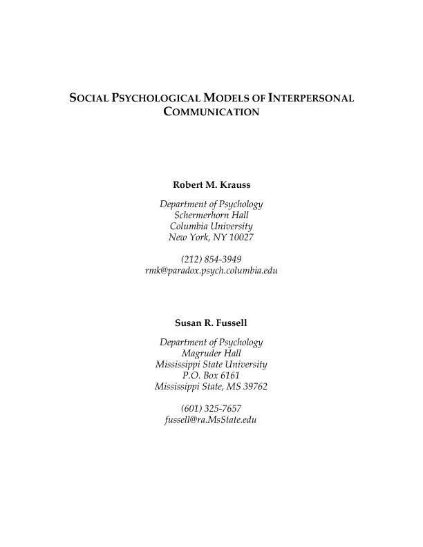SOCIAL PSYCHOLOGICAL MODELS OF INTERPERSONALCOMMUNICATIONRobert M. Kra
