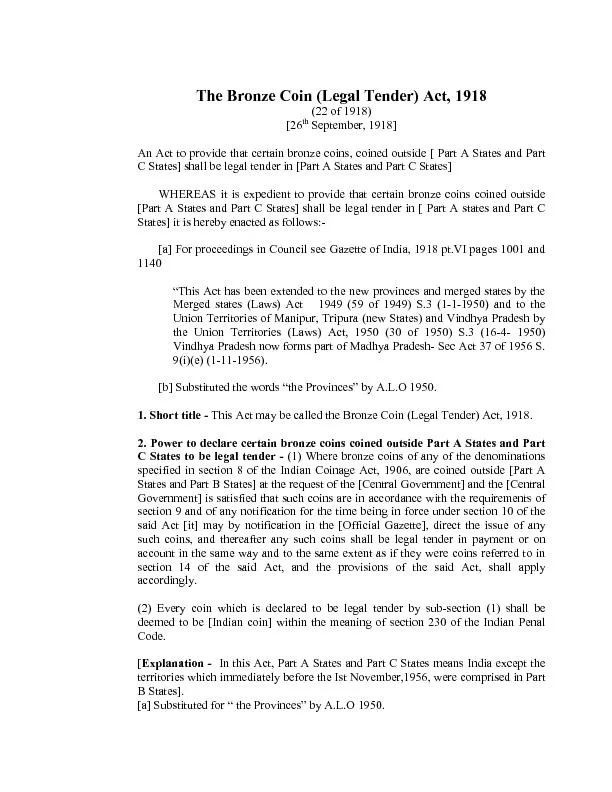 th September, 1918]  An Act to provide that certain bronze coins, coin
