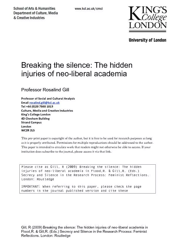 Breaking the silence: The hidden njuries of neoliberal academiaProfess