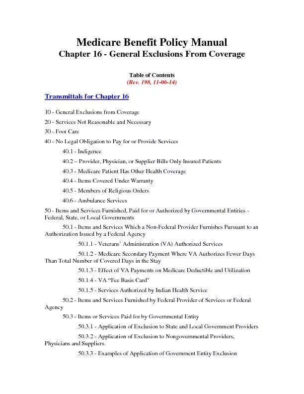 Medicare Benefit Policy ManualChapter 16 General Exclusions From Cover