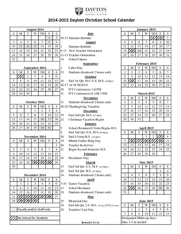 2014-2015 Dayton Christian School Calendar