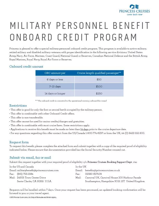 MILITARY PERSONNEL BENEFITONBOARD CREDIT PROGRAMPrincess is pleased to