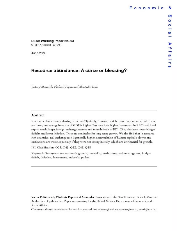 Social AffairsDESA Working Paper No. 93ST/ESA/2010/DWP/93Resource abun