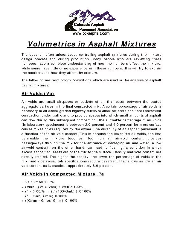 Volumetrics in Asphalt Mixtures