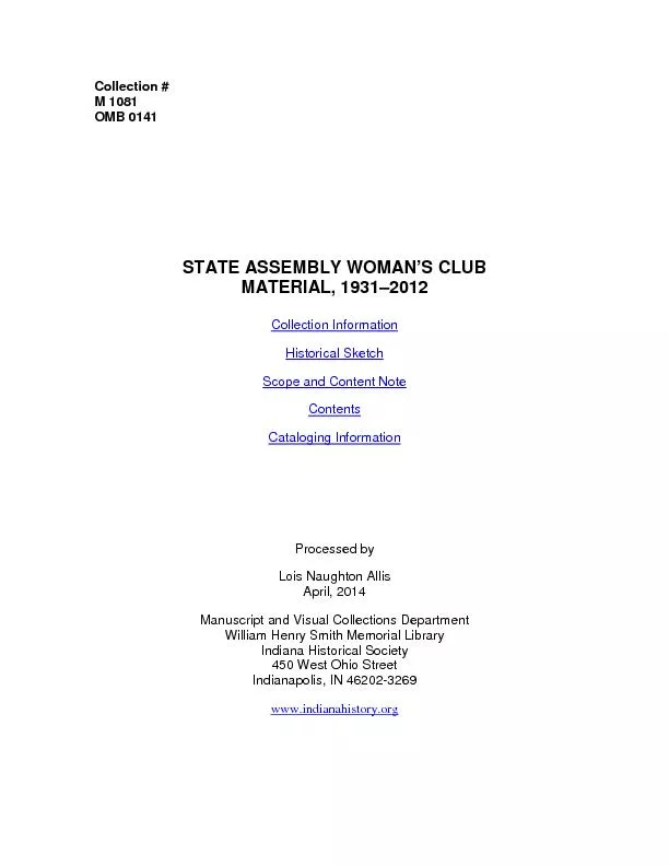 Collection #M 1081OMB 0141STATE ASSEMBLY WOMAN’S CLUBMATERIAL, 19