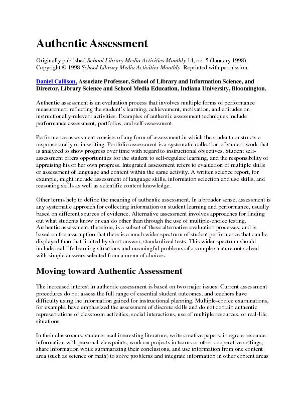 Authentic AssessmentOriginally published School Library Media Activiti