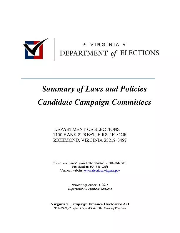 Summary of Laws and Policies        Candidate Campaign Committees
