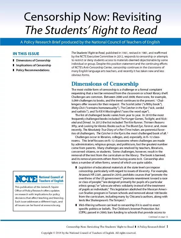Censorship Now: Revisiting The Students’ Right to Read    A Polic