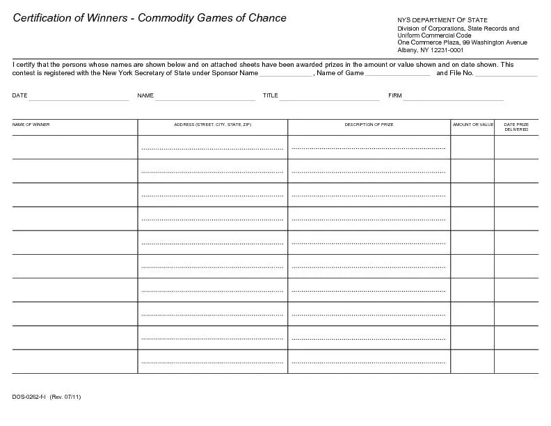 Certification of Winners - Commodity Games of ChanceNYS DEPARTMENT OF