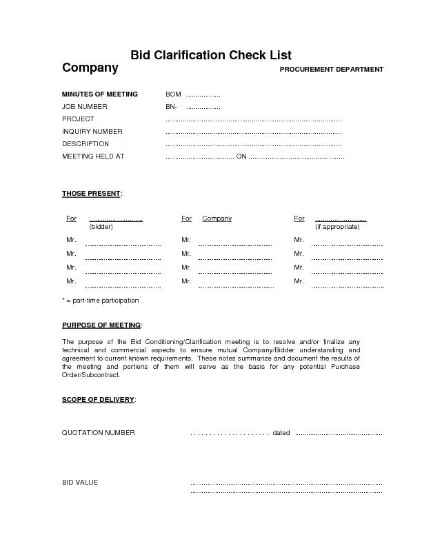 Bid Clarification Check List CompanyPROCUREMENT DEPARTMENTMINUTES OF M