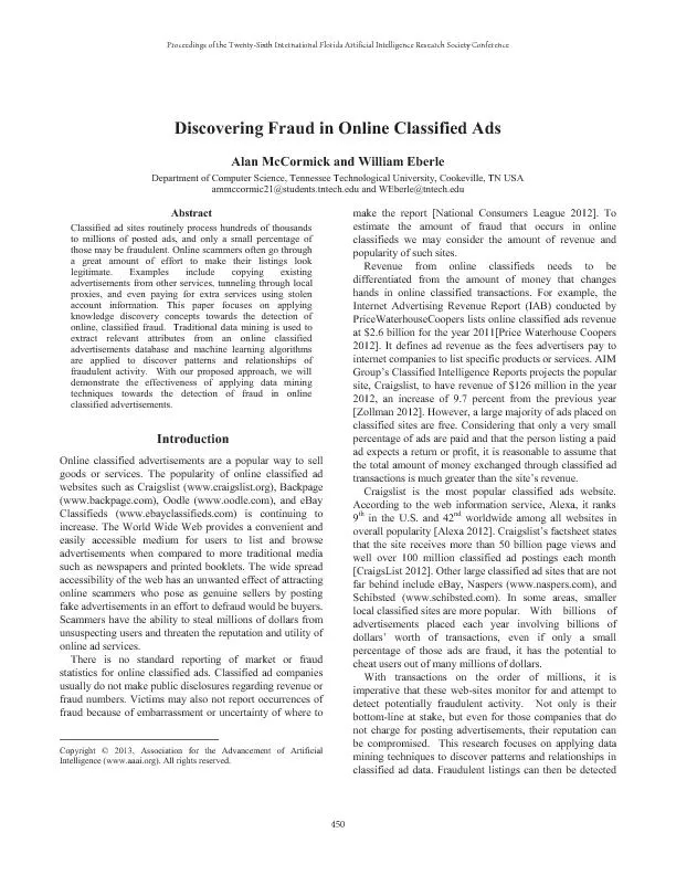 Discovering Fraud in Online Classified Ads Alan McCormick and William