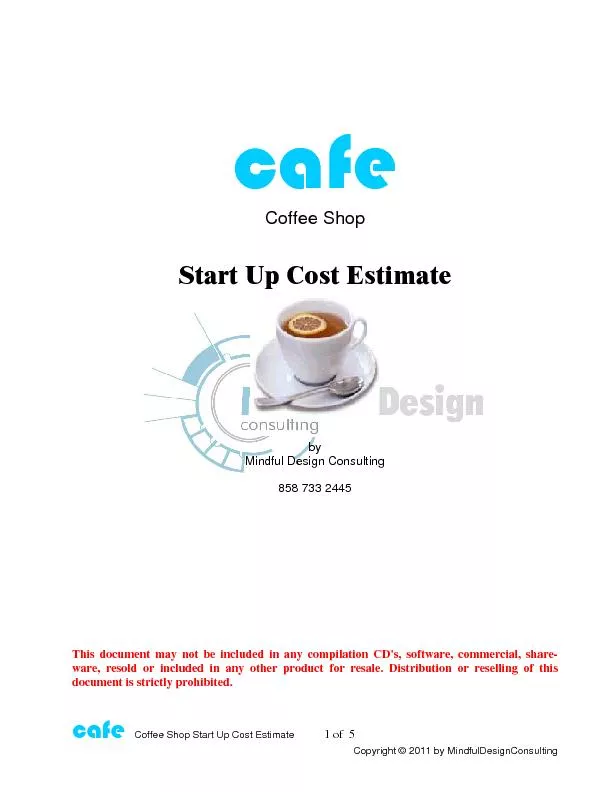 Coffee Shop Start Up Cost Estimate  Copyright 