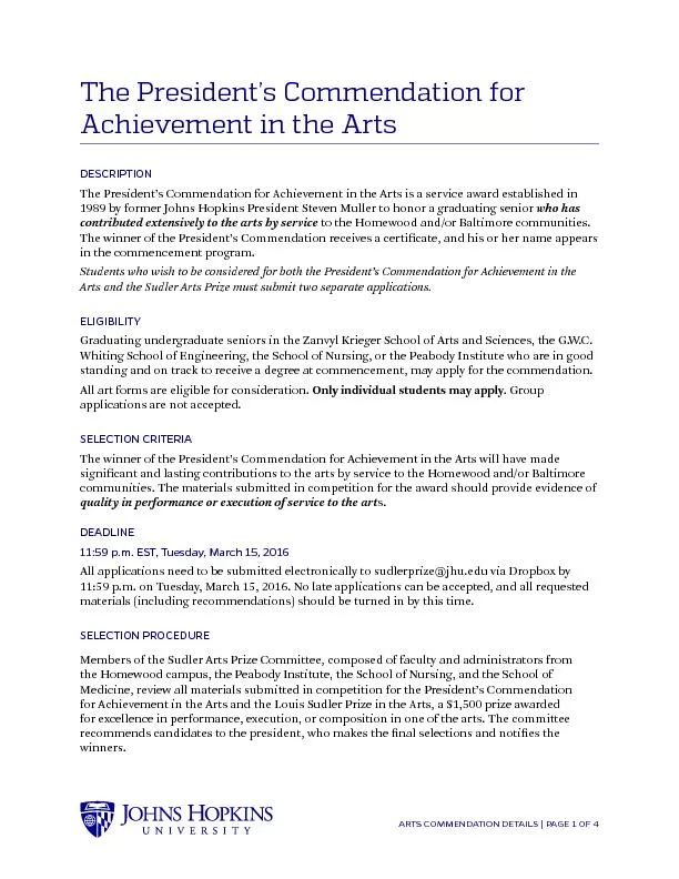 The President’s Commendation forAchievement in the ArtsDESCRIPTIO