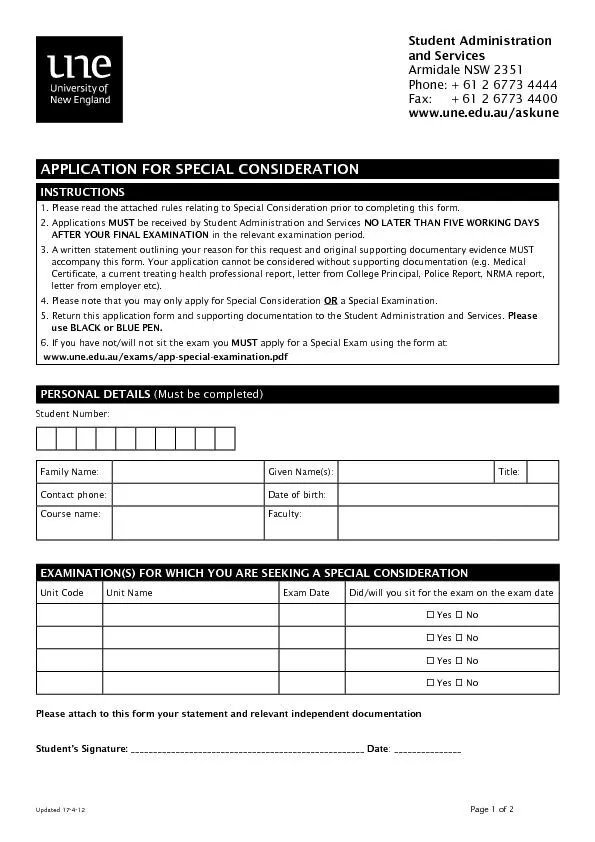 APPLICATION FOR SPECIAL CONSIDERATION