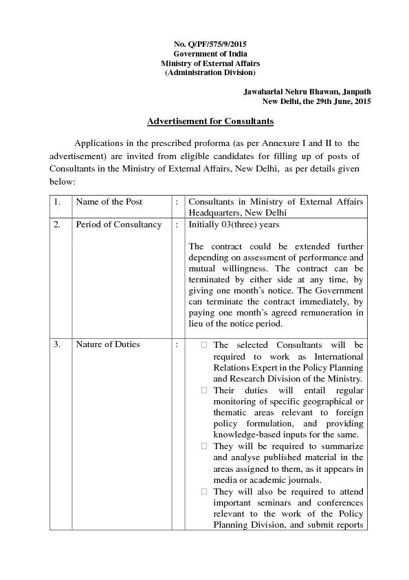 No. Q/PF/575/9/2015Government of IndiaMinistry of External Affairs(Adm