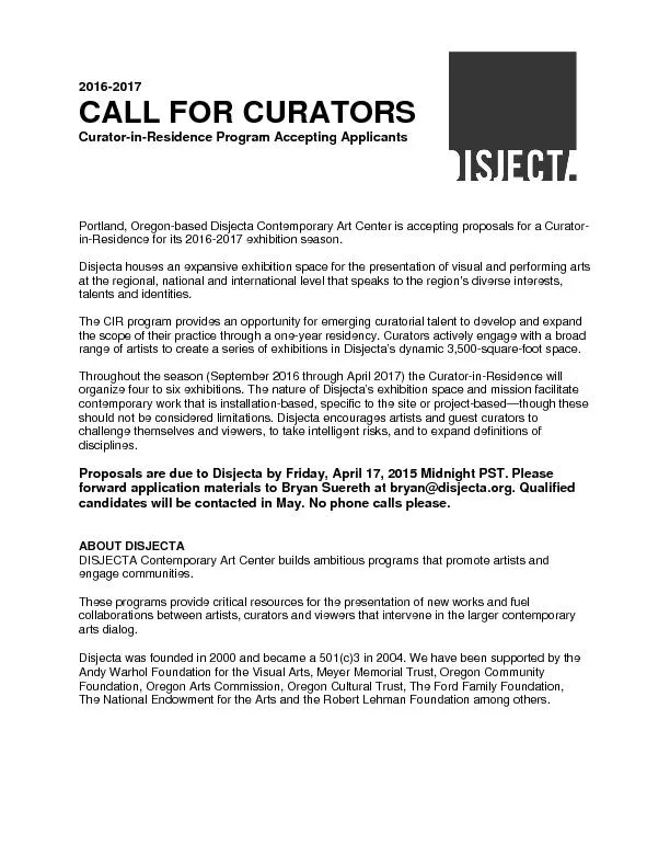 20162017CALL FOR CURATORSCuratorResidence Program Accepting Applicants