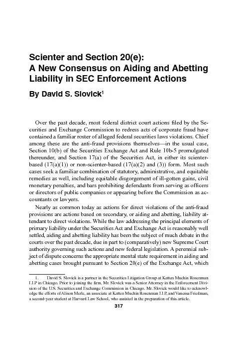 Scienter and Section 20(e): A New Consensus on Aiding and Abetting Lia