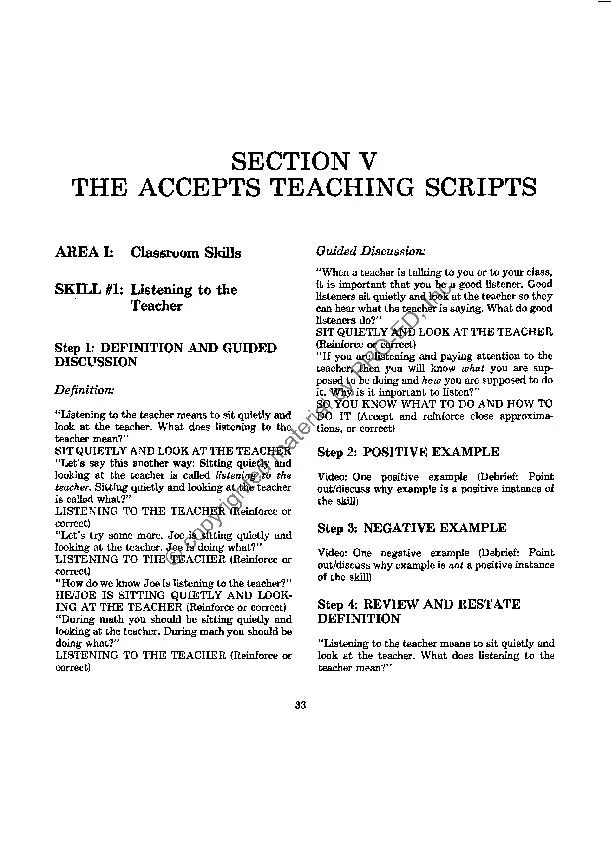 SECTION V THE ACCEPTS TEACHING SCRIPTS AREA I: Classroom Skills SKI