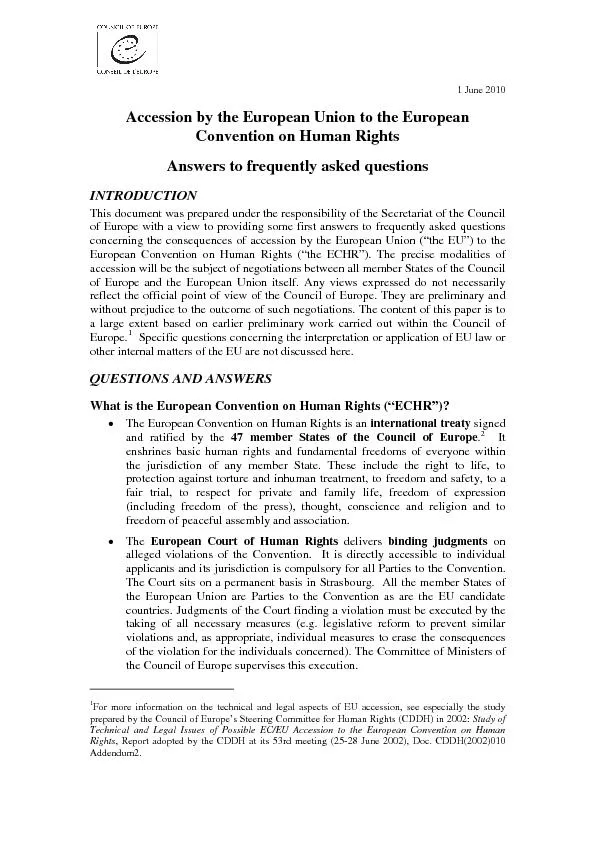 1 June 2010Accession by the uropean nionto the European Convention on