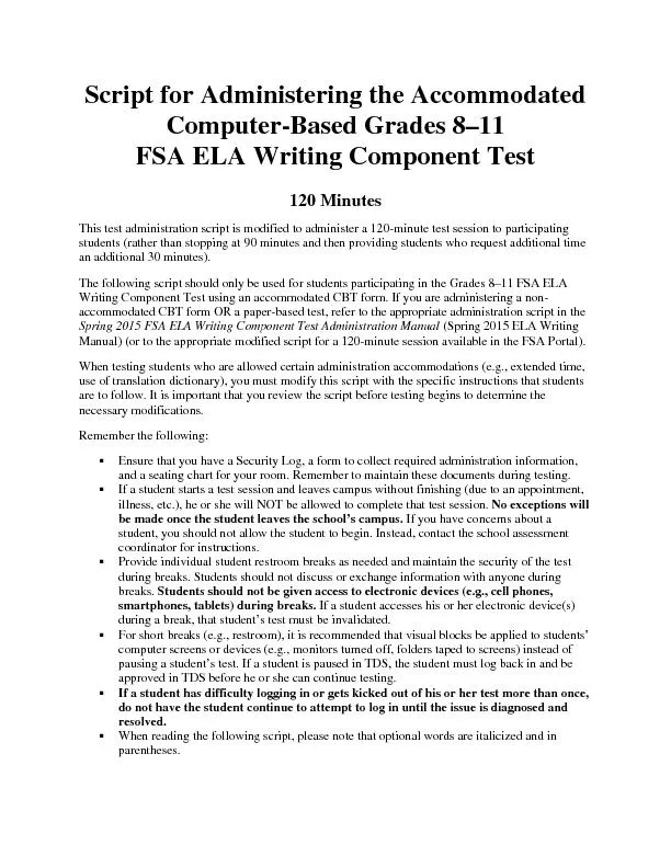 Script for Administering the Accommodated ComputerBased GradeELA Writi