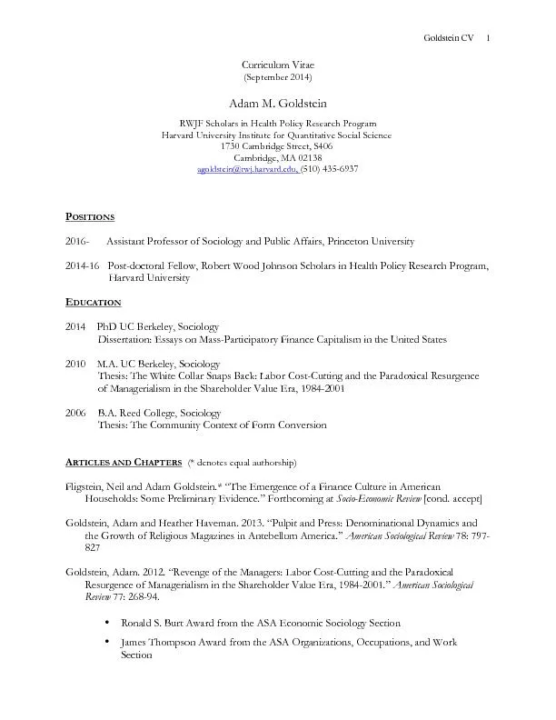 Curriculum Vitae (September 2014)  Adam M. Goldstein RWJF Scholars in