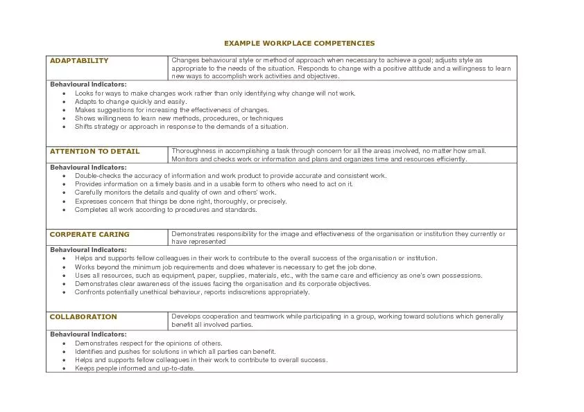 EXAMPLE WORKPLACE COMPETENCIES