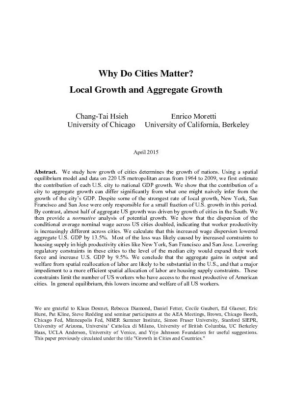 Why Do Cities Matter?  Local Growth and Aggregate Growth