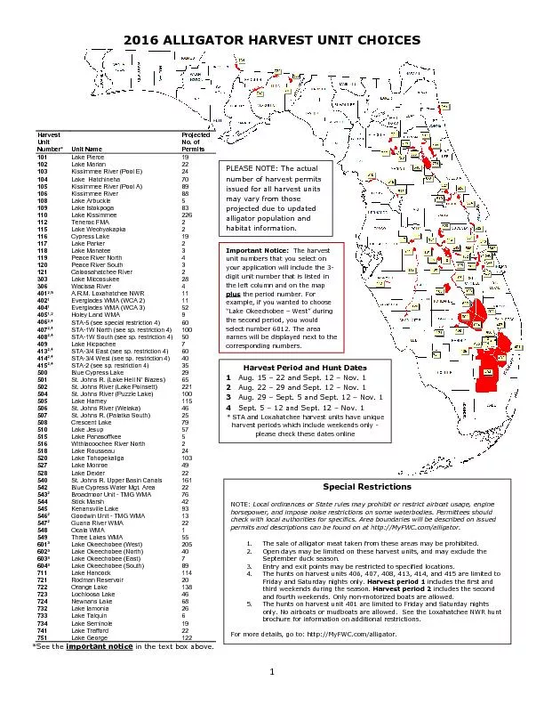 2016 ALLIGATOR HARVEST UNIT CHOICES County-wide Alligator Harvest Unit