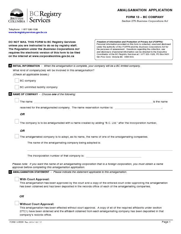 AMALGAMATION  APPLICATIONFORM 13 – BC COMPANYBusiness Corporation