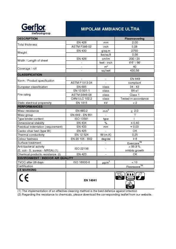 FloorcoveringEN 428mm 2.00ASTM F386-02inch0,08EN 430g/sq.m2750lbs/sq.f