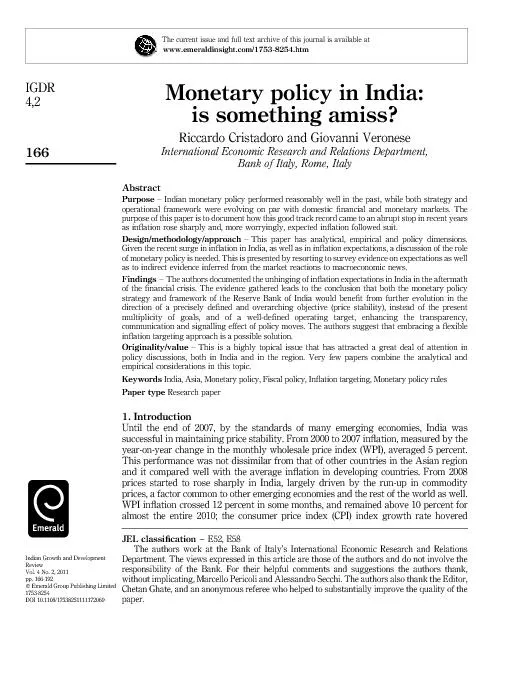 MonetarypolicyinIndia:issomethingamiss?RiccardoCristadoroandGiovanniVe