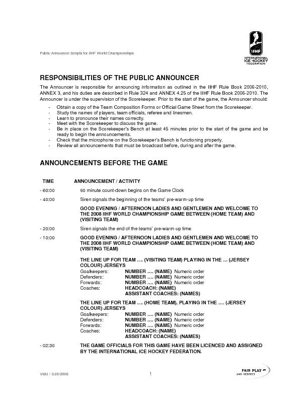 Public Announcer Scripts for IIHF World Championships VMU / 3/20/2008