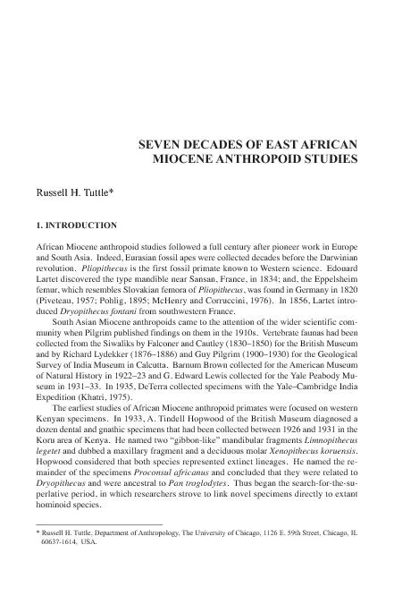 SEVEN DECADES OF EAST AFRICANMIOCENE ANTHROPOID STUDIESRussell H. Tutt