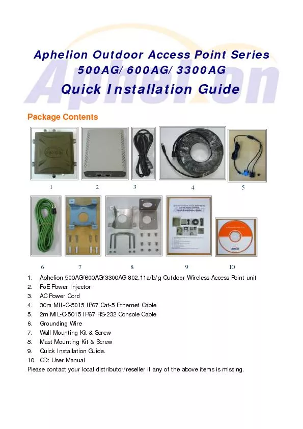 Aphelion Outdoor Access Point Series 500AG/600AG/3300AG Package Conten
