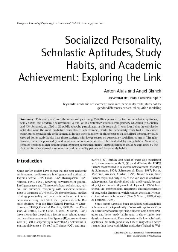 A. AlujaandA.Blanch:Personality, Aptitudes,Study Habits, andAcademicAc