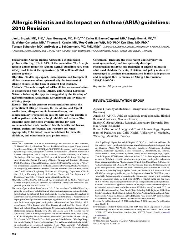 AllergicRhinitisanditsImpactonAsthma(ARIA)guidelines:2010RevisionJanL.