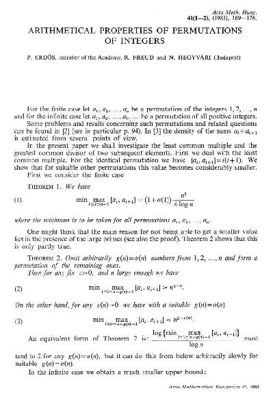Acta Math. Hung.41(1-2), (1983), 169-176.ARITHMETICAL PROPERTIES OF PE