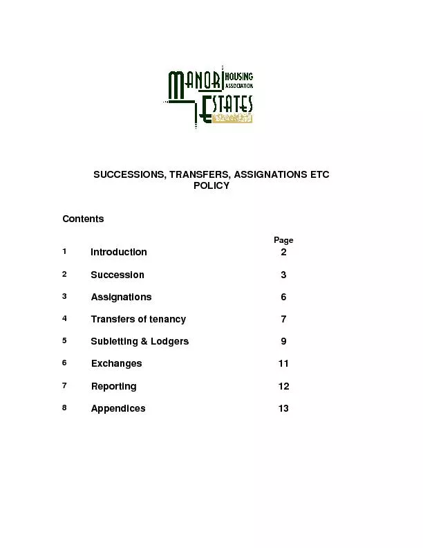 SUCCESSIONS, TRANSFERS, ASSIGNATIONS ETC  POLICY Contents   Page 1 Int
