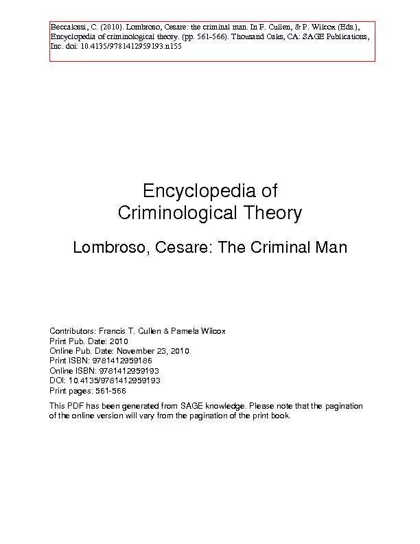 Encyclopedia ofCriminological TheoryLombroso, Cesare: The Criminal Man