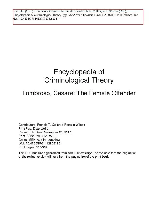 Encyclopedia ofCriminological TheoryLombroso, Cesare: The Female Offen