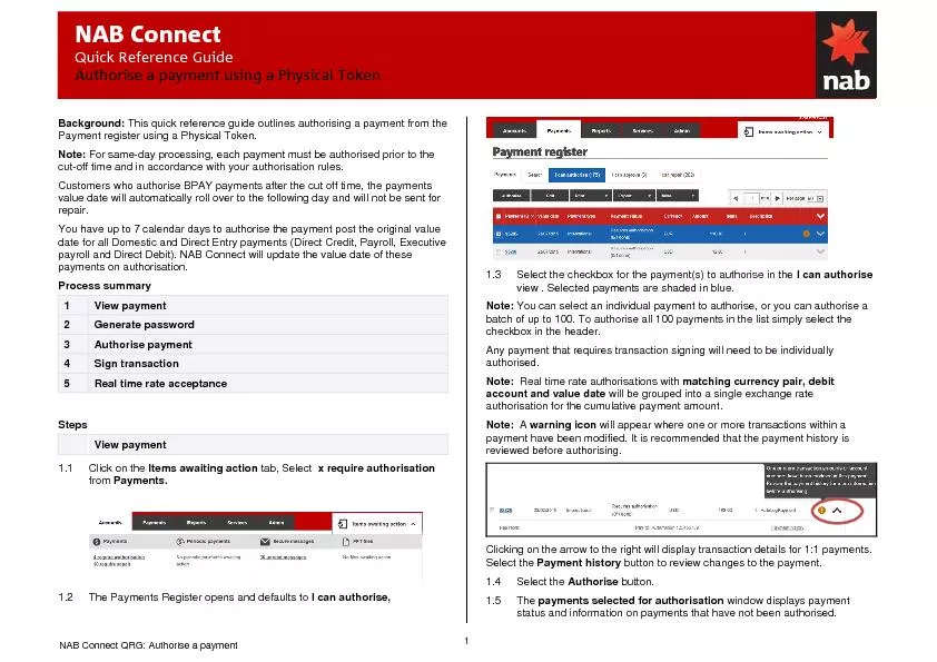 NAB Connect QRG: Authorise a payment Quick Reference Guide Authorise a