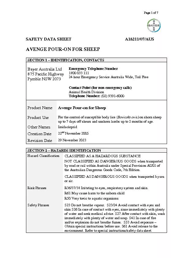 Page of SAFETY DATA SHEETA18/AUS AVENGEPOURON FOR SHEEP