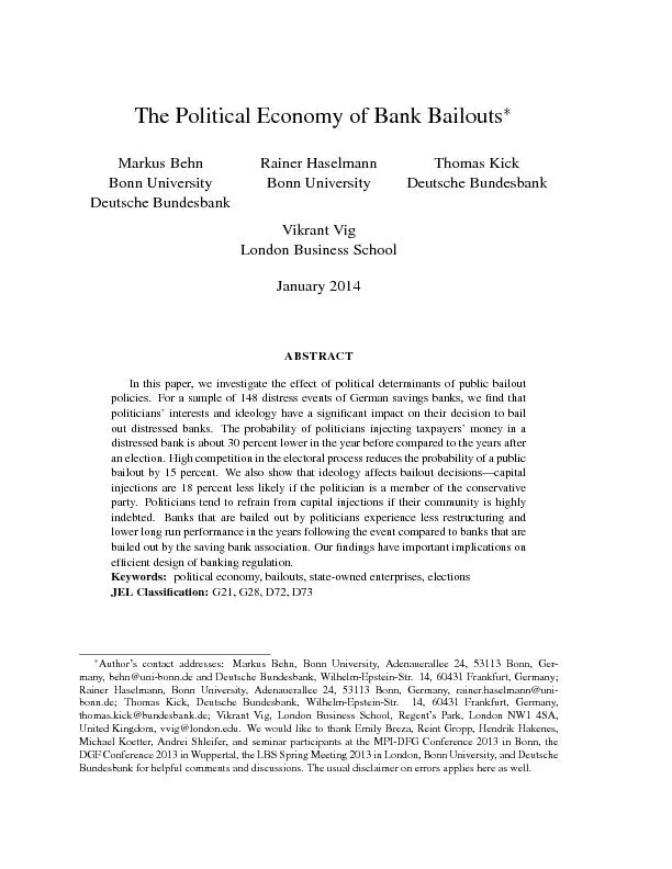 ThePoliticalEconomyofBankBailoutsMarkusBehnBonnUniversityDeutscheBund